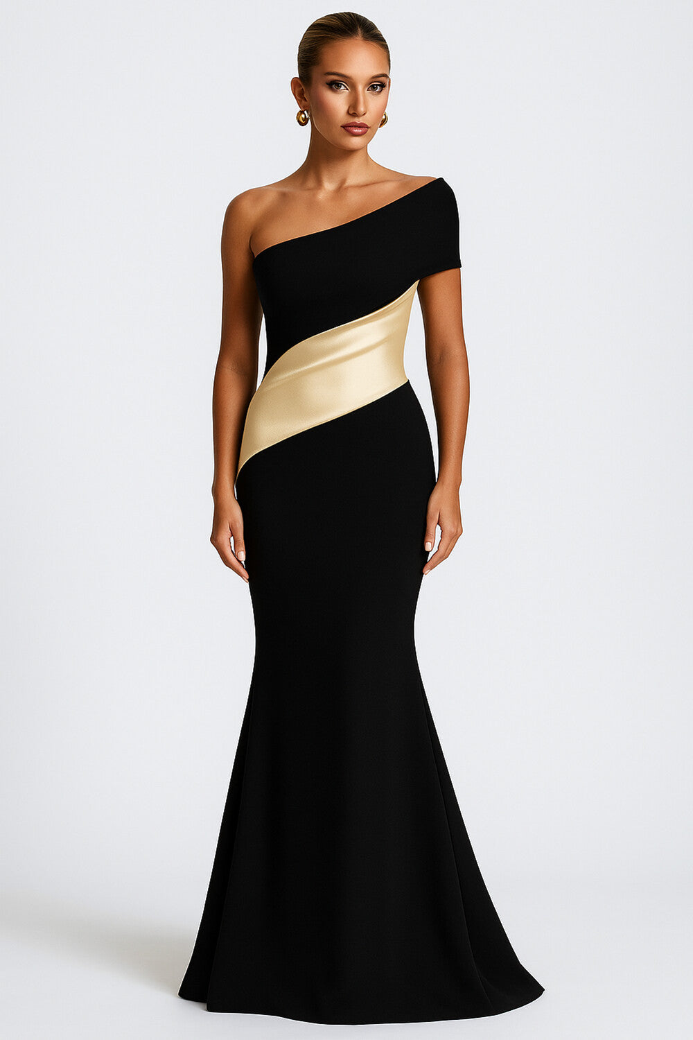 One Shoulder Colorblock Detail Party Maxi Fishtail Dresses-Black [Pre Order]