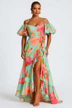 Puff Sleeve Cami Ruffle Slit Floral Vacay Maxi Dresses-Aquamarine [Pre Order]