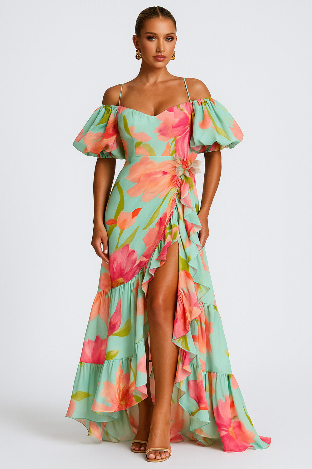 Puff Sleeve Cami Ruffle Slit Floral Vacay Maxi Dresses-Aquamarine [Pre Order]