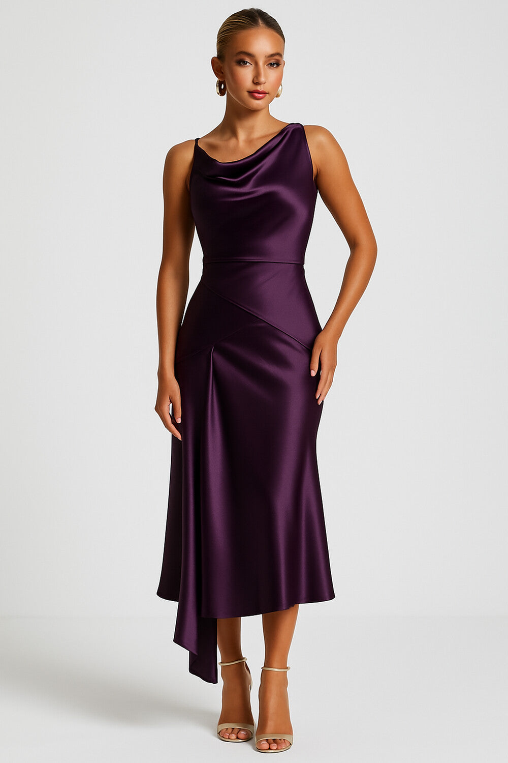 Cowl Neck Sleeveless Asymmetric Hem Party Midi Dresses-Purple [Pre Order]