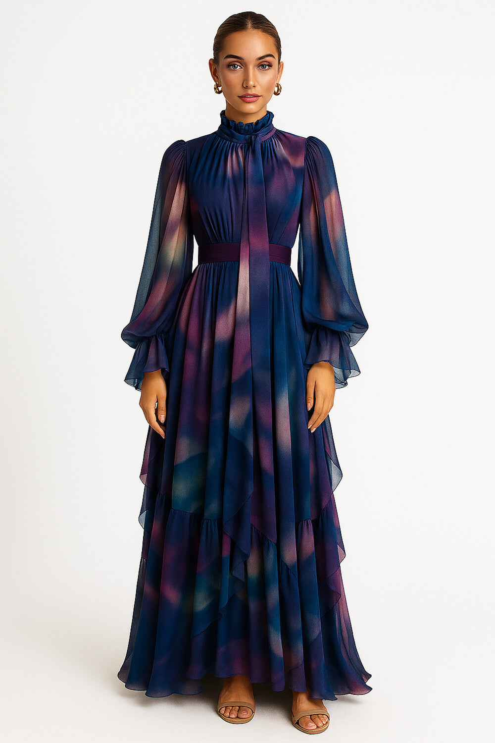Mock Neck Sash Lantern Sleeve Print Mesh Layer Maxi Dresses-Blue [Pre Order]