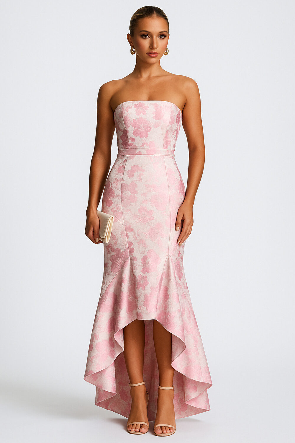 Strapless Floral Print Party Maxi Fishtail Mullet Dresses-Pink [Pre Order]