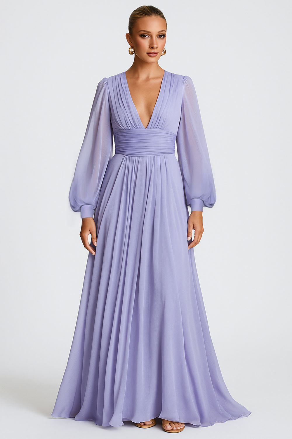 Deep V Neck Lantern Long Sleeve Flowy Party Maxi Dresses-Lavender [Pre Order]