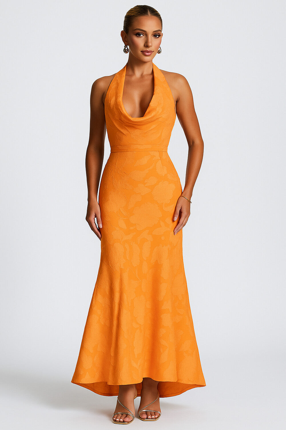 Halter Plunging Neck Print Party Maxi Fishtail Dresses-Orange [Pre Order]