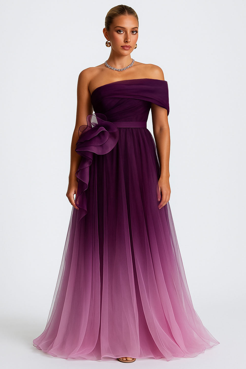 Off Shoulder Ombre Mesh Ruffle Formal Party Maxi Dresses-Purple [Pre Order]