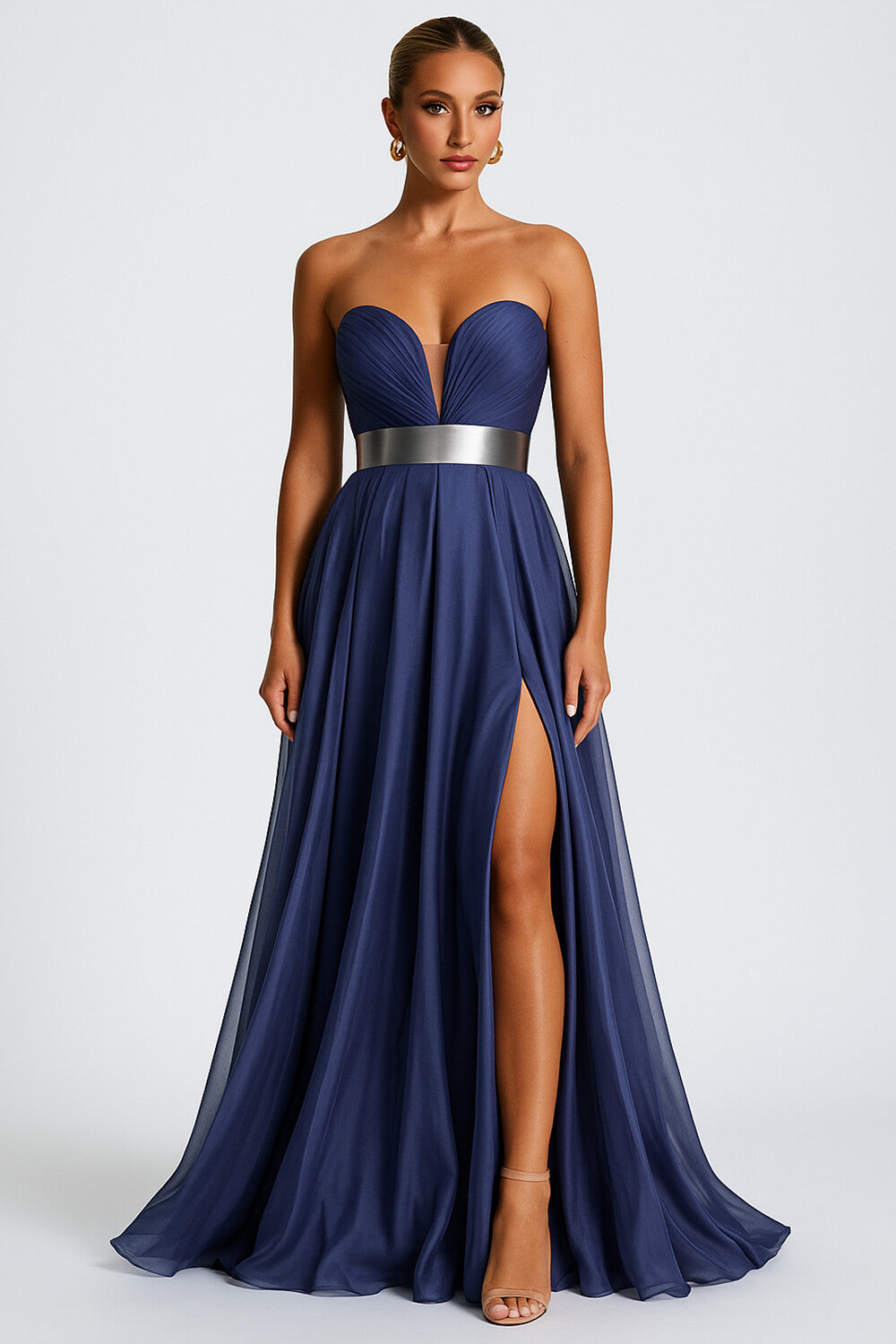 Strapless Sweetheart Neck Cinched Slit Party Maxi Dresses-Navy [Pre Order]
