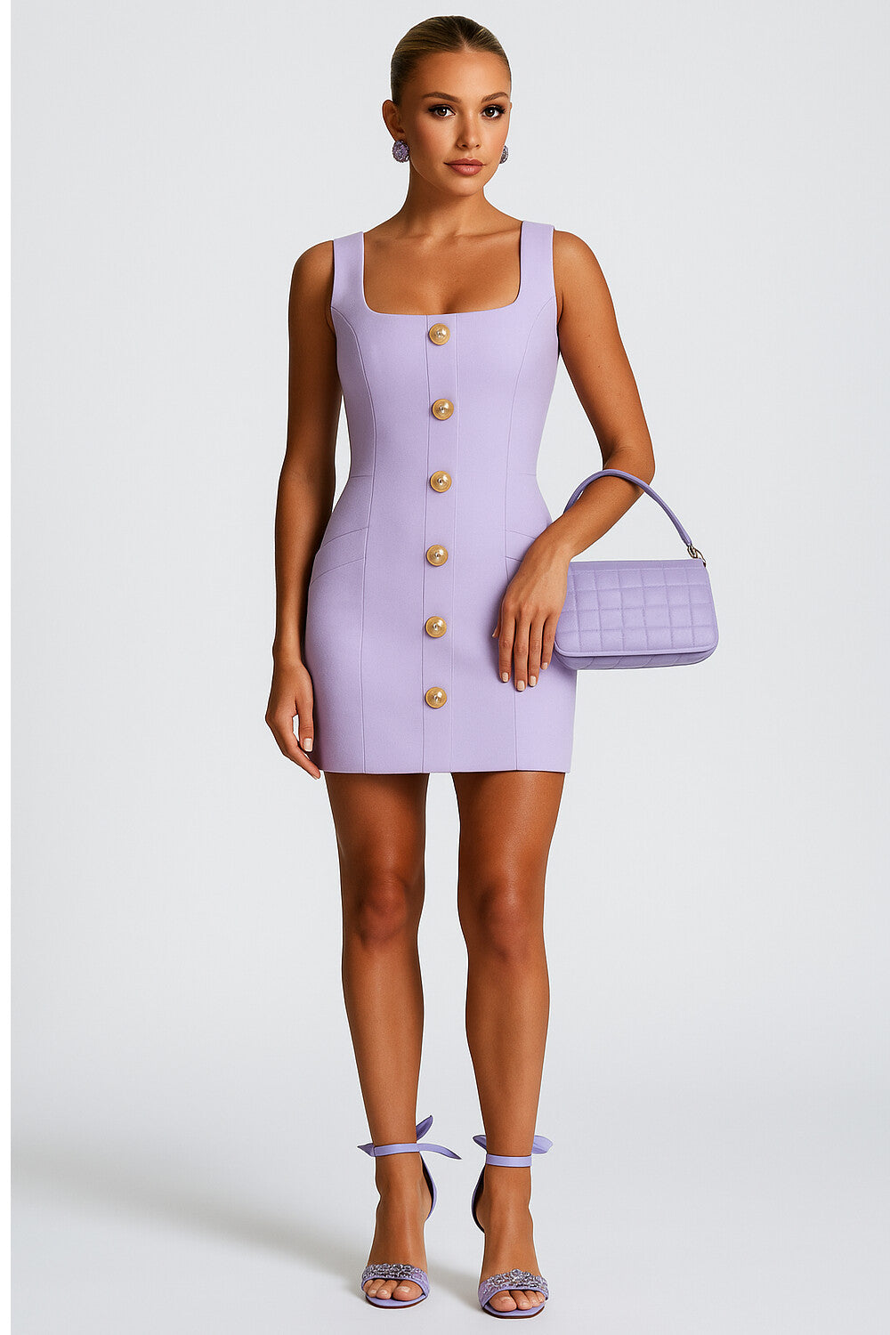 Square Neck Sleeveless Button Up Slim-Fit Mini Dresses-Lavender [Pre Order]