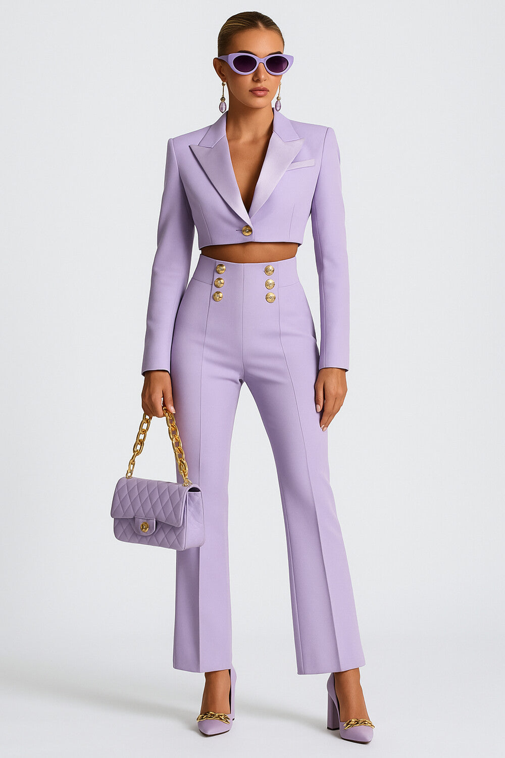 Double Breasted High-Rise Flare Leg Pants-Lavender [Pre Order]