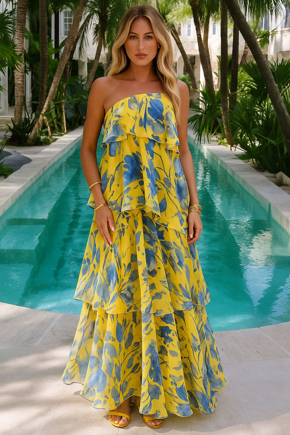 Floral Print Strapless Flowy Layered Vacation Maxi Dresses [Pre Order]