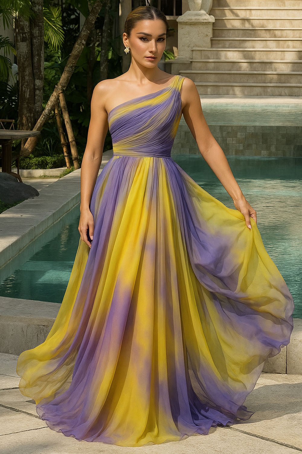 Ruched One Shoulder Colorblock Wedding Guest Maxi Dresses [Pre Order]