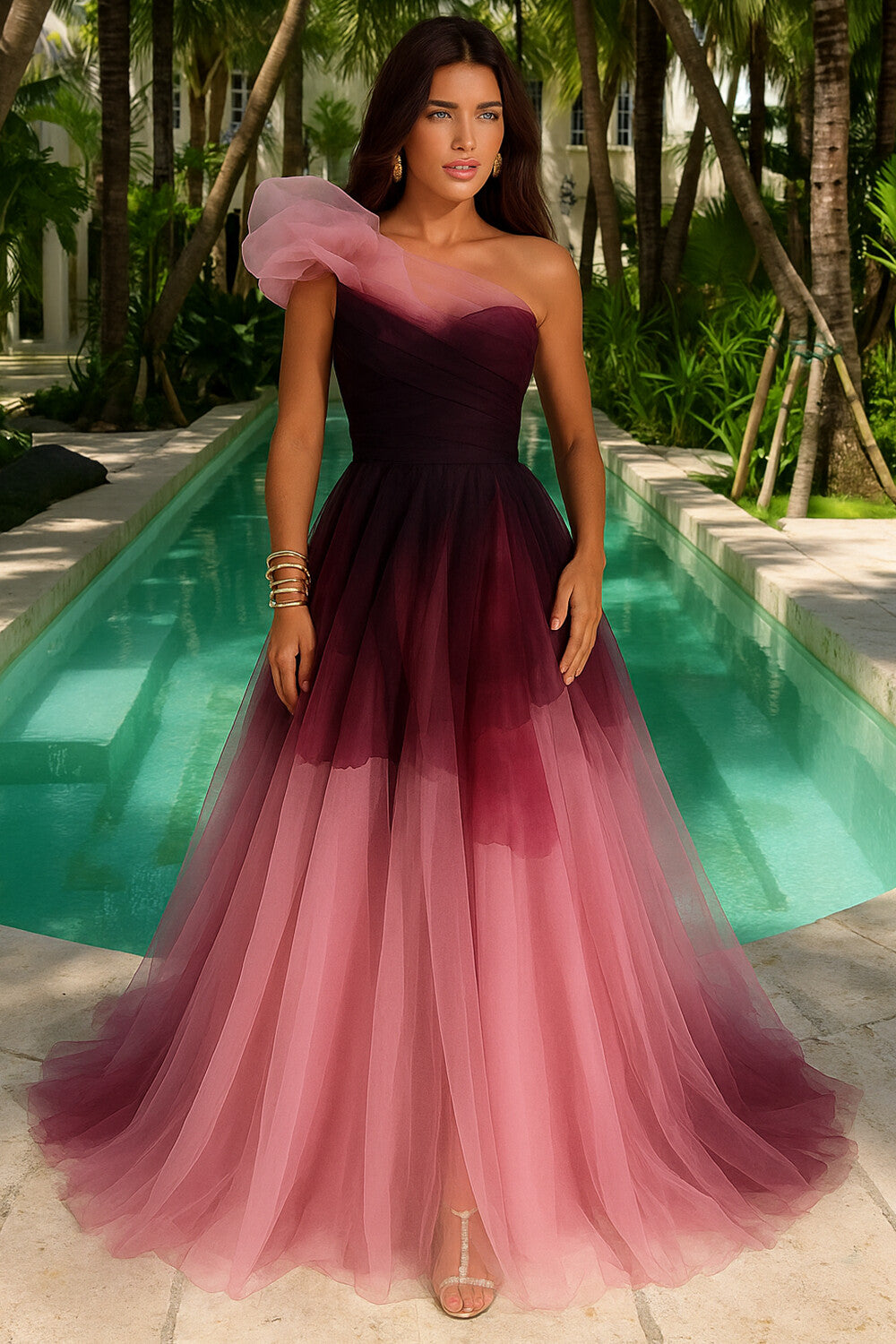 One Shoulder Ruffle Ombre Color Prom Formal Maxi Tulle Dresses [Pre Order]