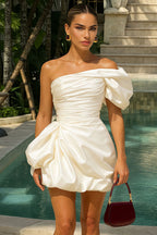 Puff Sleeve Ruched Bubble Hem Satin Cocktail Party Mini Dresses [Pre Order]