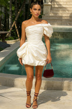 Puff Sleeve Ruched Bubble Hem Satin Cocktail Party Mini Dresses [Pre Order]