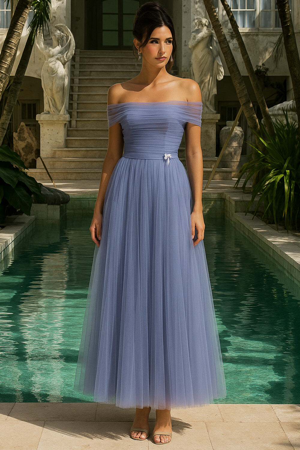 Off Shoulder Solid Tulle Evening Wedding Guest Maxi Dresses [Pre Order]