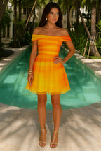 Off Shoulder Ombre Stripe Print Mesh Formal Cocktail Mini Dresses [Pre Order]