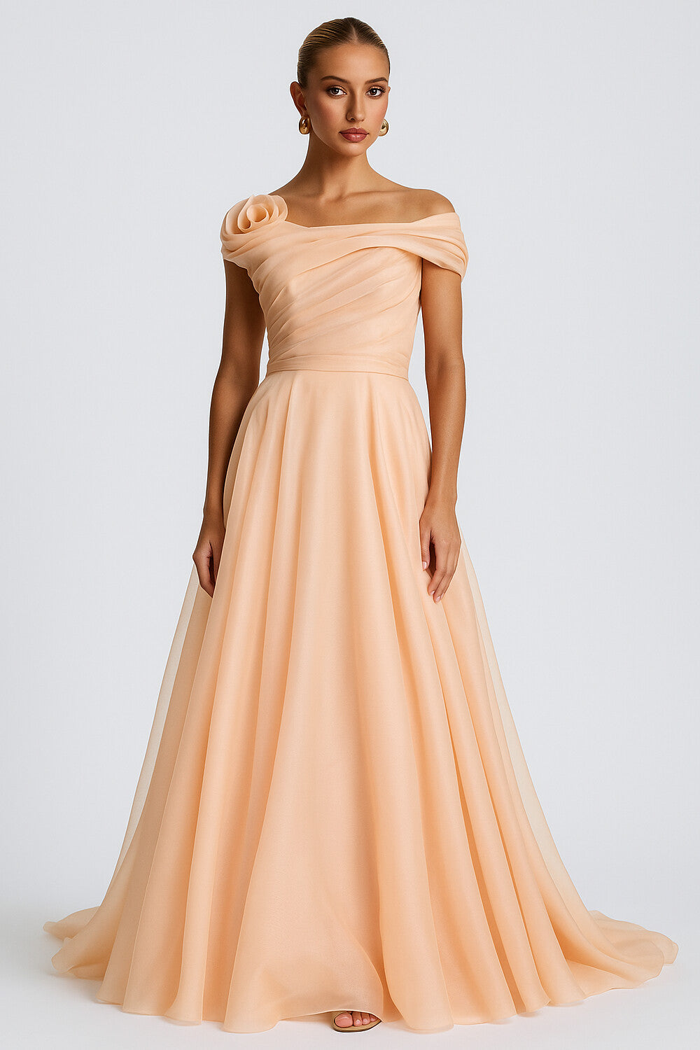 Rosette Off Shoulder Mesh Layered Formal Maxi Dresses [Pre Order]