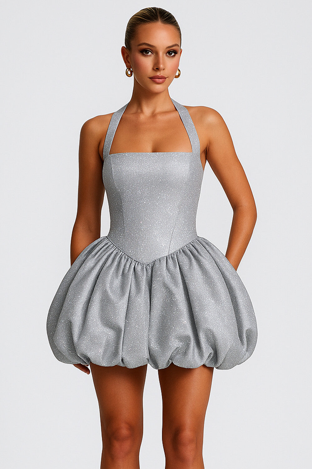 Halter Neck Basque Waist Glitter Party Mini Bubble Dresses [Pre Order]