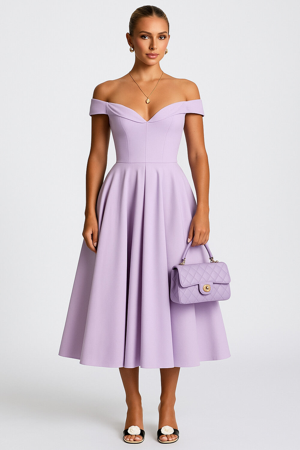 Off Shoulder A-Line Solid Semi-Formal Wedding Guest Midi Dresses [Pre Order]