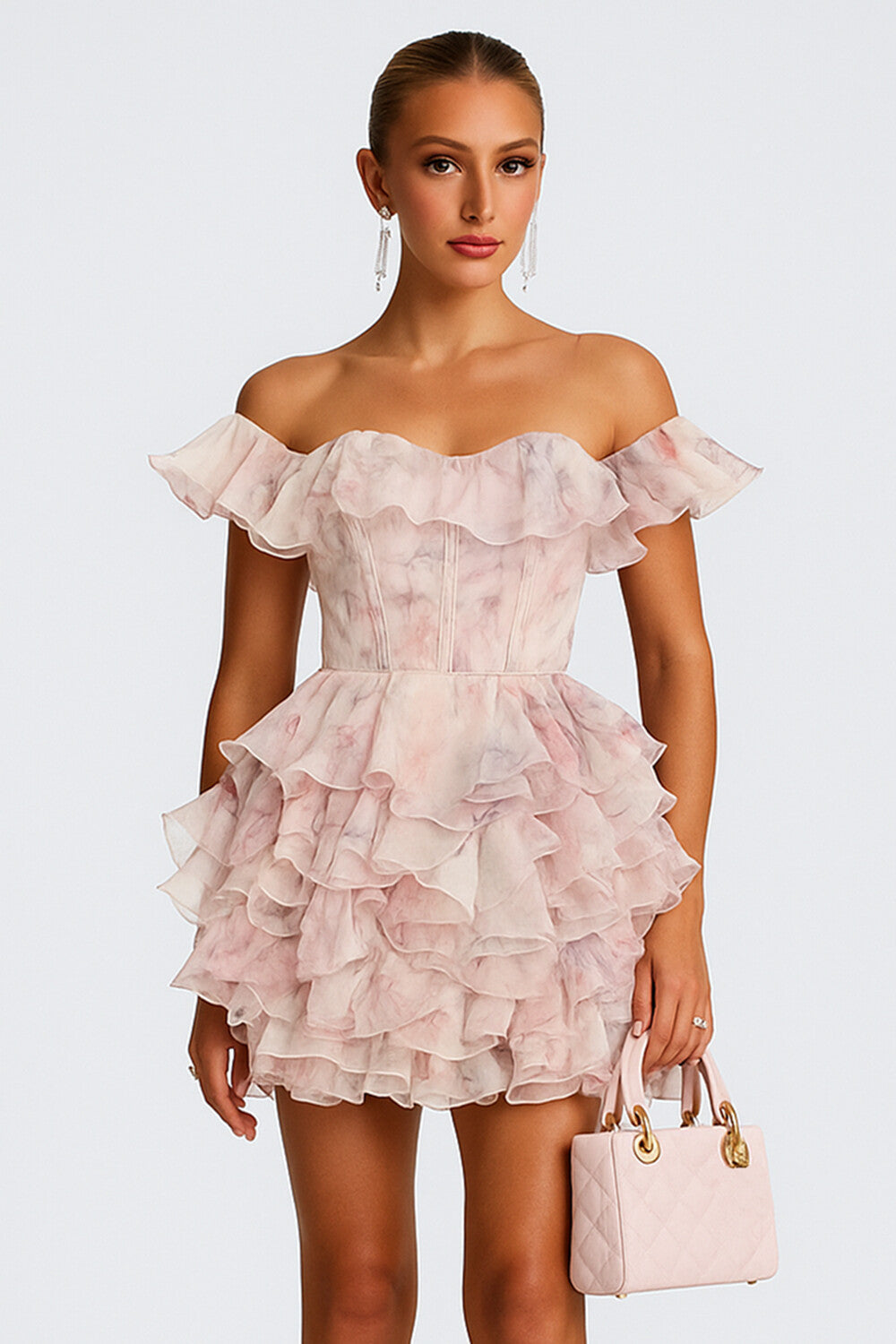 Off Shoulder Ruffle Printed Casual Wedding Guest Mini Dresses [Pre Order]
