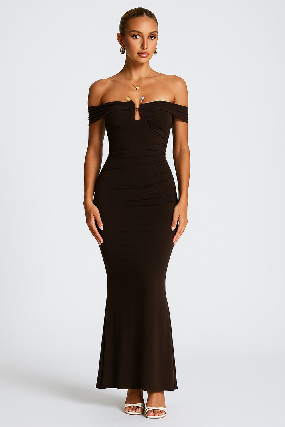 Notch Neck Off Shoulder Bodycon Wedding Guest Maxi Dresses [Pre Order]