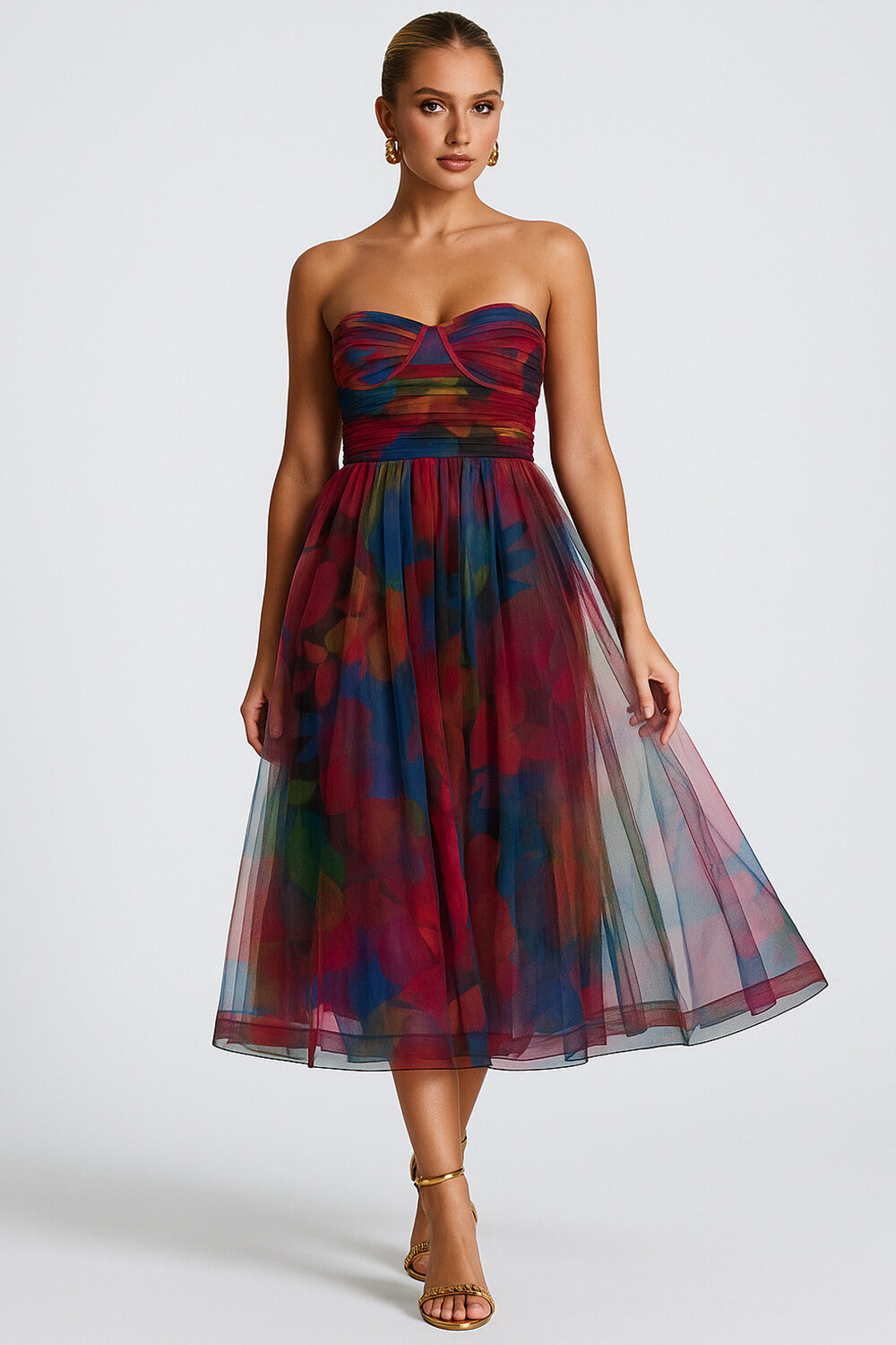 Strapless Ruched Cinch Waist Floral Print Tulle Midi Dresses-Fuchsia