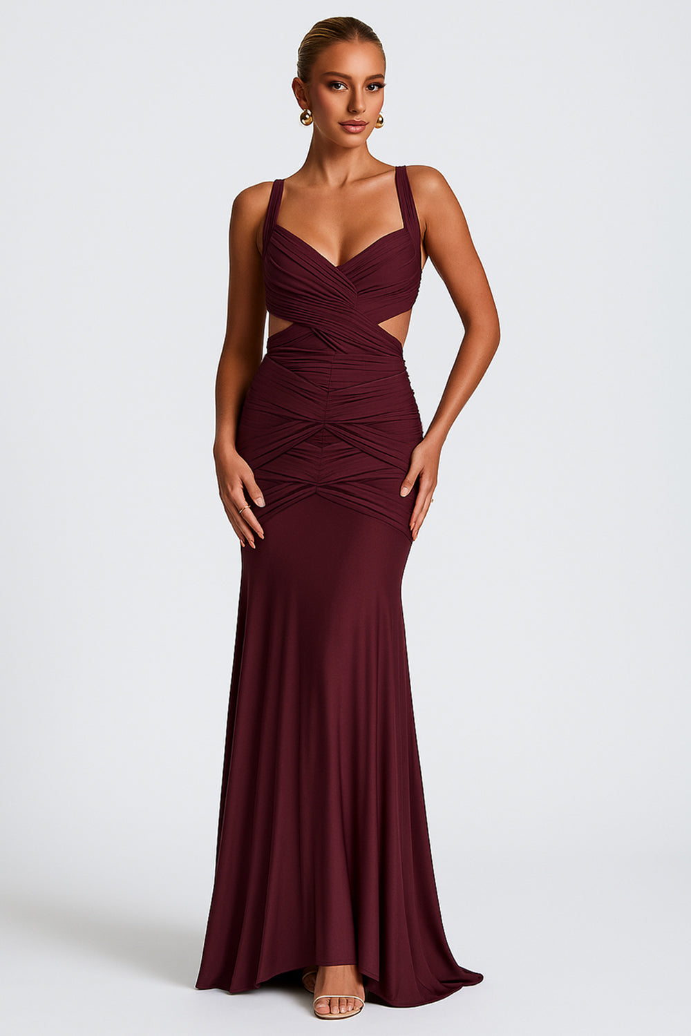 V Neck Cross Ruched Cutout Evening Wedding Guest Maxi Dresses [Pre Order]