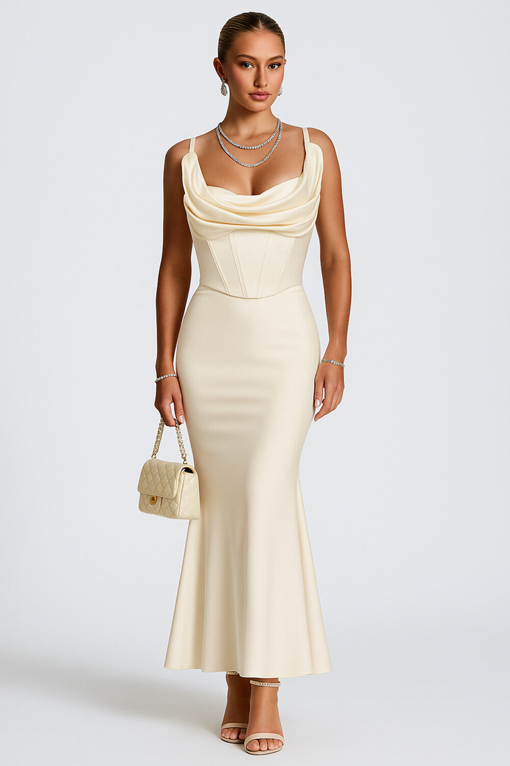 Cowl Neck Semi-Formal Wedding Guest Slim Fit Corset Maxi Dresses [Pre Order]