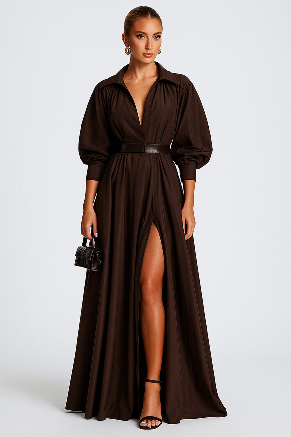 Turndown Collar Lantern Sleeve Belt Casual High Slit Maxi Dresses [Pre Order]