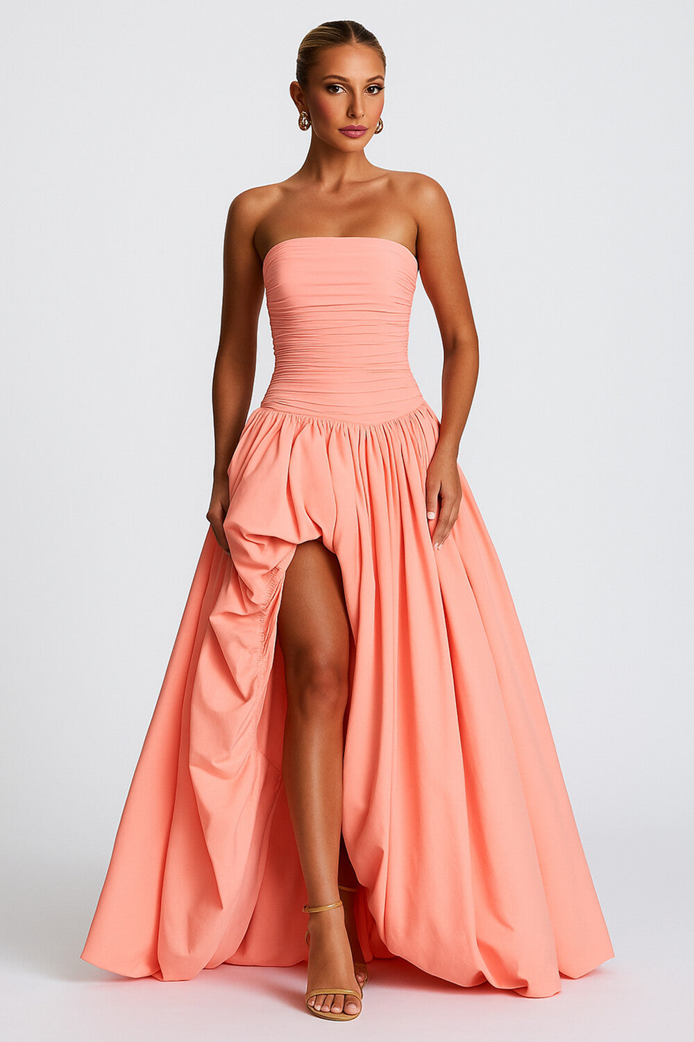 Ruched Strapless A-Line Prom Party High Slit Maxi Dresses [Pre Order]