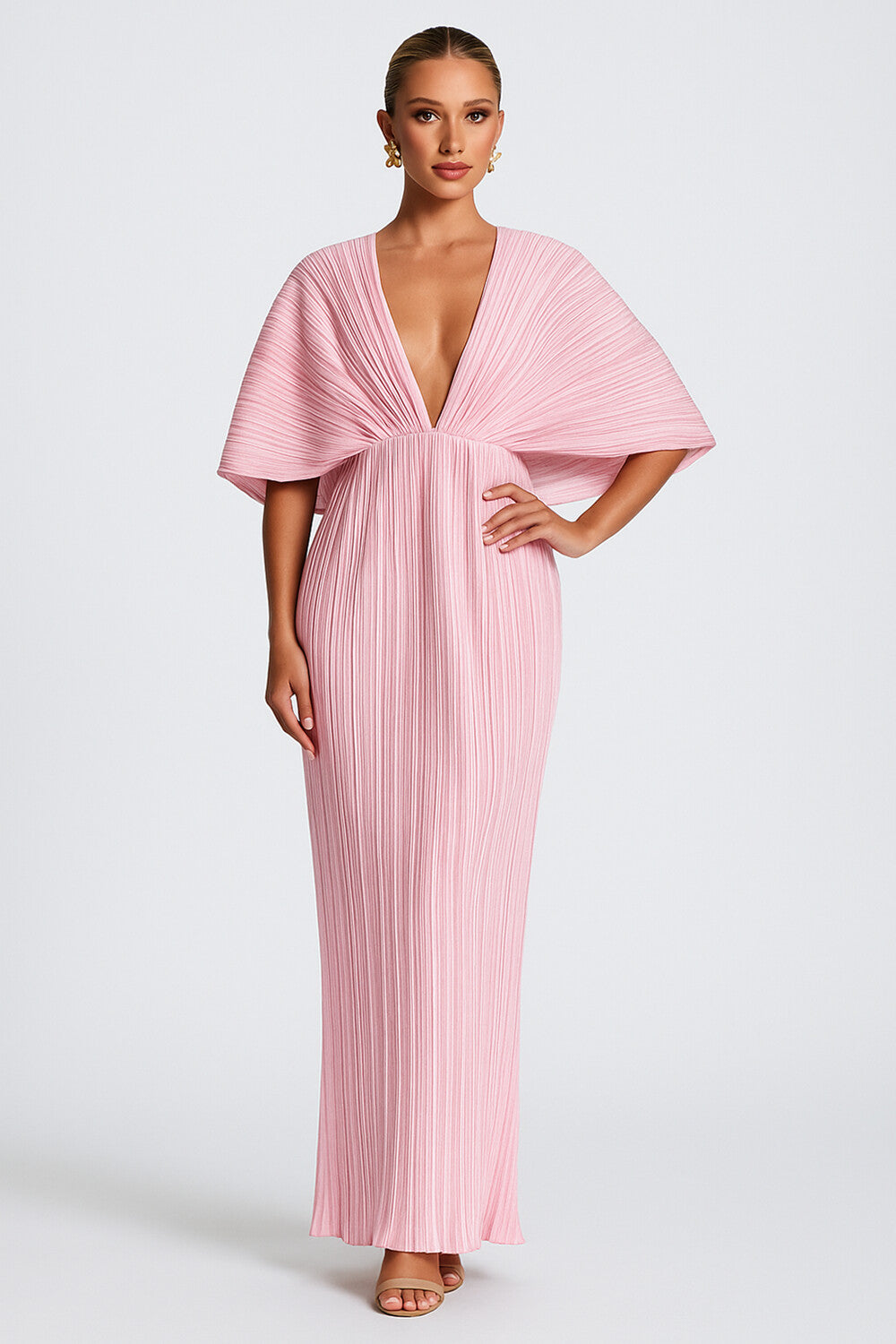 Deep V Neck Cape Sleeve Pleated Wedding Guest Maxi Dresses [Pre Order]