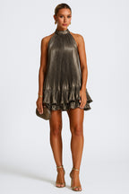 Pleated Mock Neck Ruffle Hem Stylish Party Metallic Mini Dresses [Pre Order]