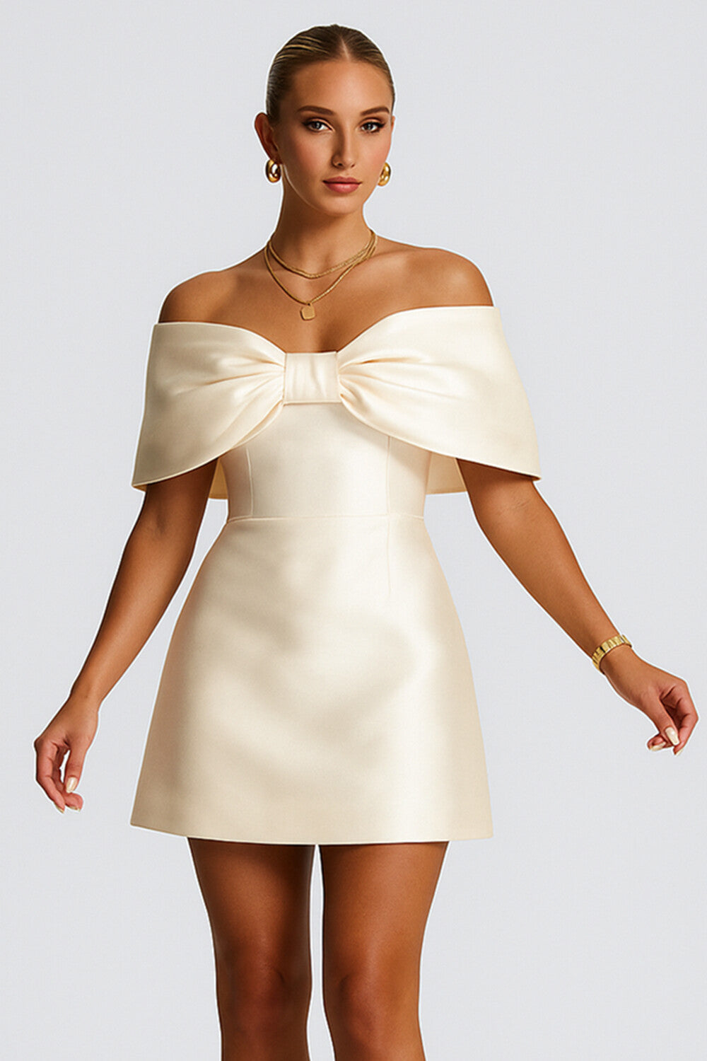 Bow Off Shoulder Solid Color A-Line Cocktail Party Mini Dresses [Pre Order]