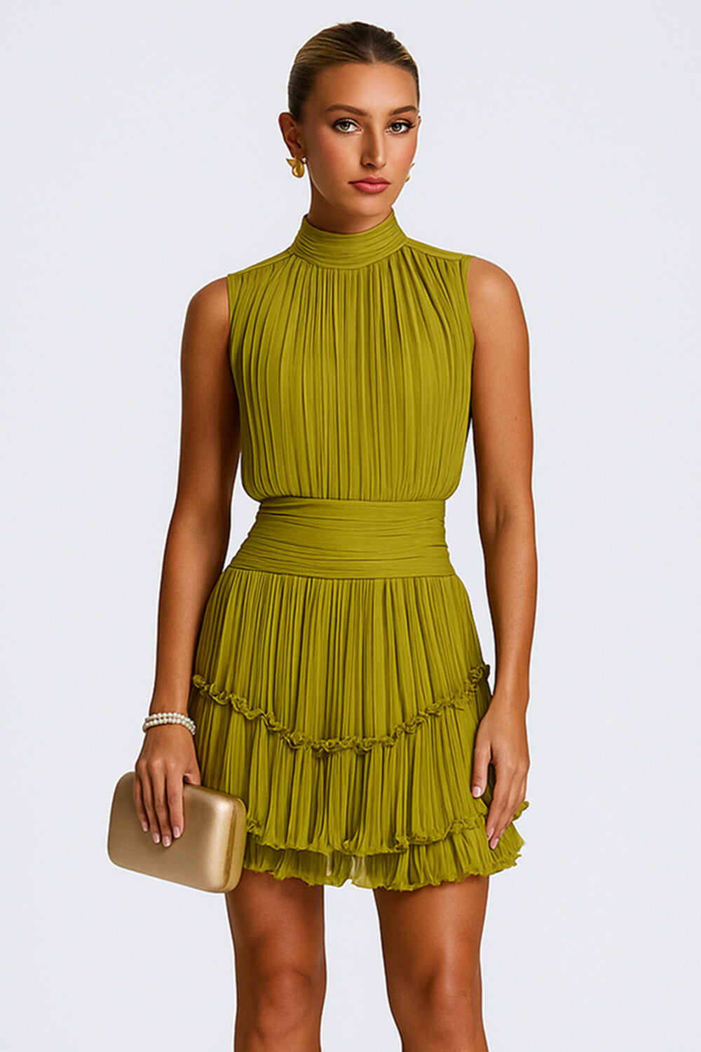 Pleated Mock Neck Cinch Waist Casual Wedding Guest Mini Dresses [Pre Order]