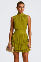 Pleated Mock Neck Cinch Waist Casual Wedding Guest Mini Dresses [Pre Order]