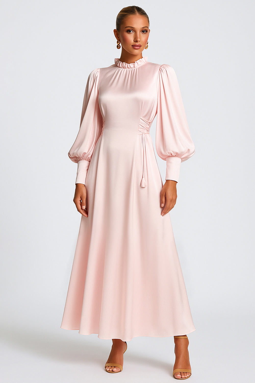 Lantern Sleeve Frilled Lace Up Wedding Guest Maxi Dresses [Pre Order]