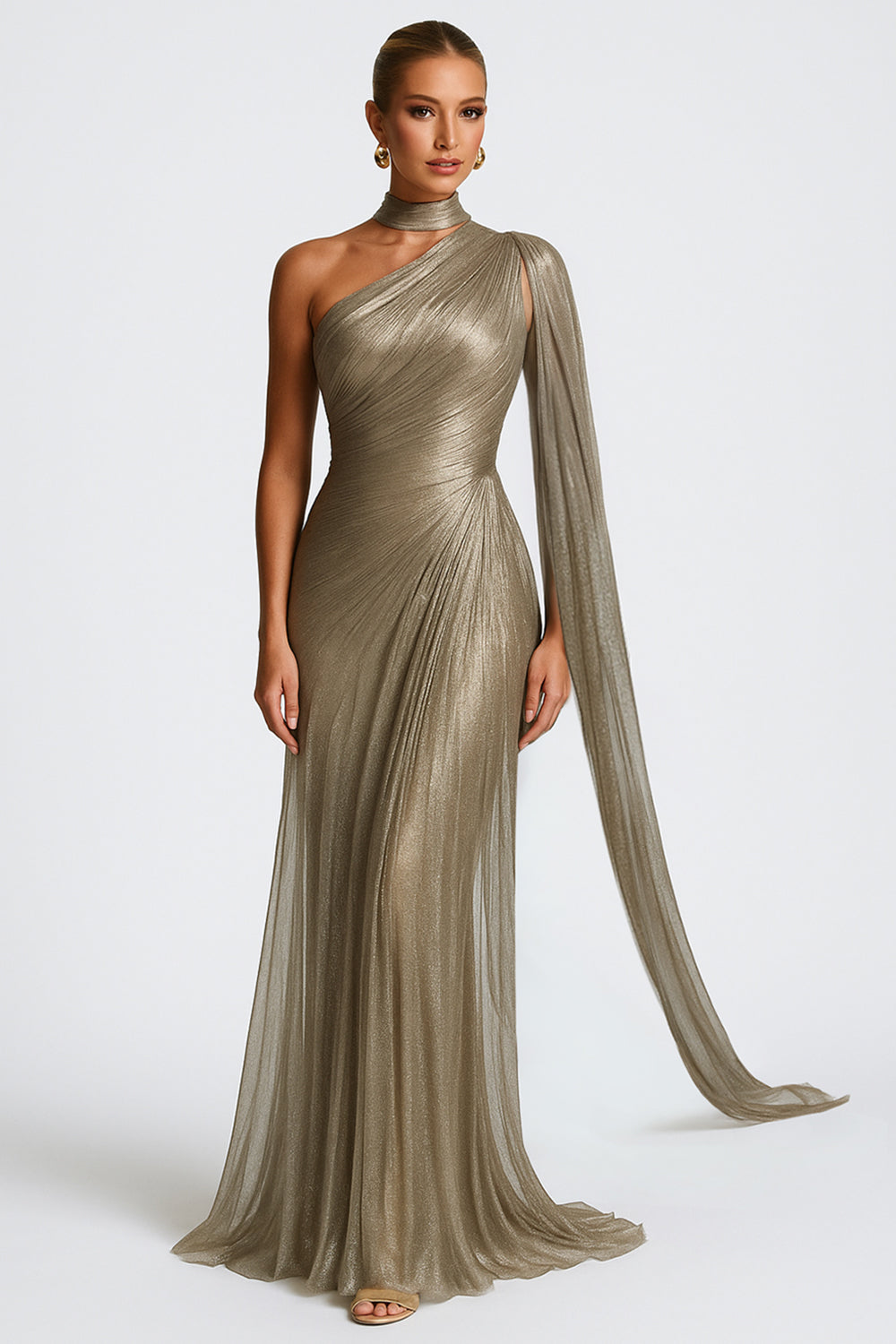 One Shoulder Streamer Asymmetric Formal Metallic Maxi Dresses [Pre Order]
