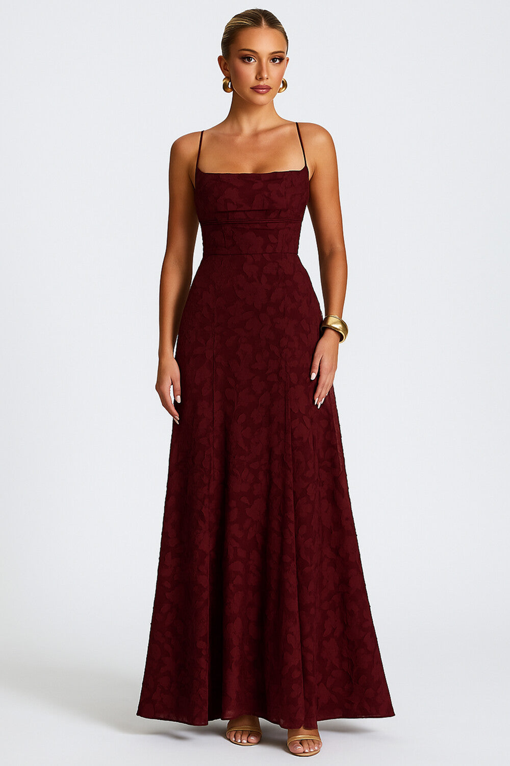 Jacquard Spaghetti Strap Evening Wedding Guest Maxi Dresses [Pre Order]