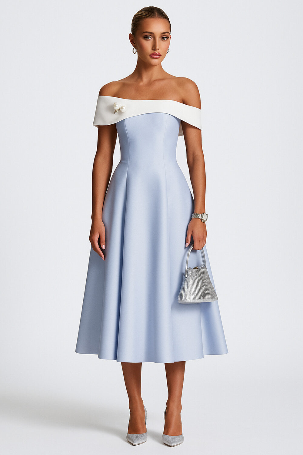 Colorblock Off Shoulder Wedding Guest A-Line Midi Dresses [Pre Order]