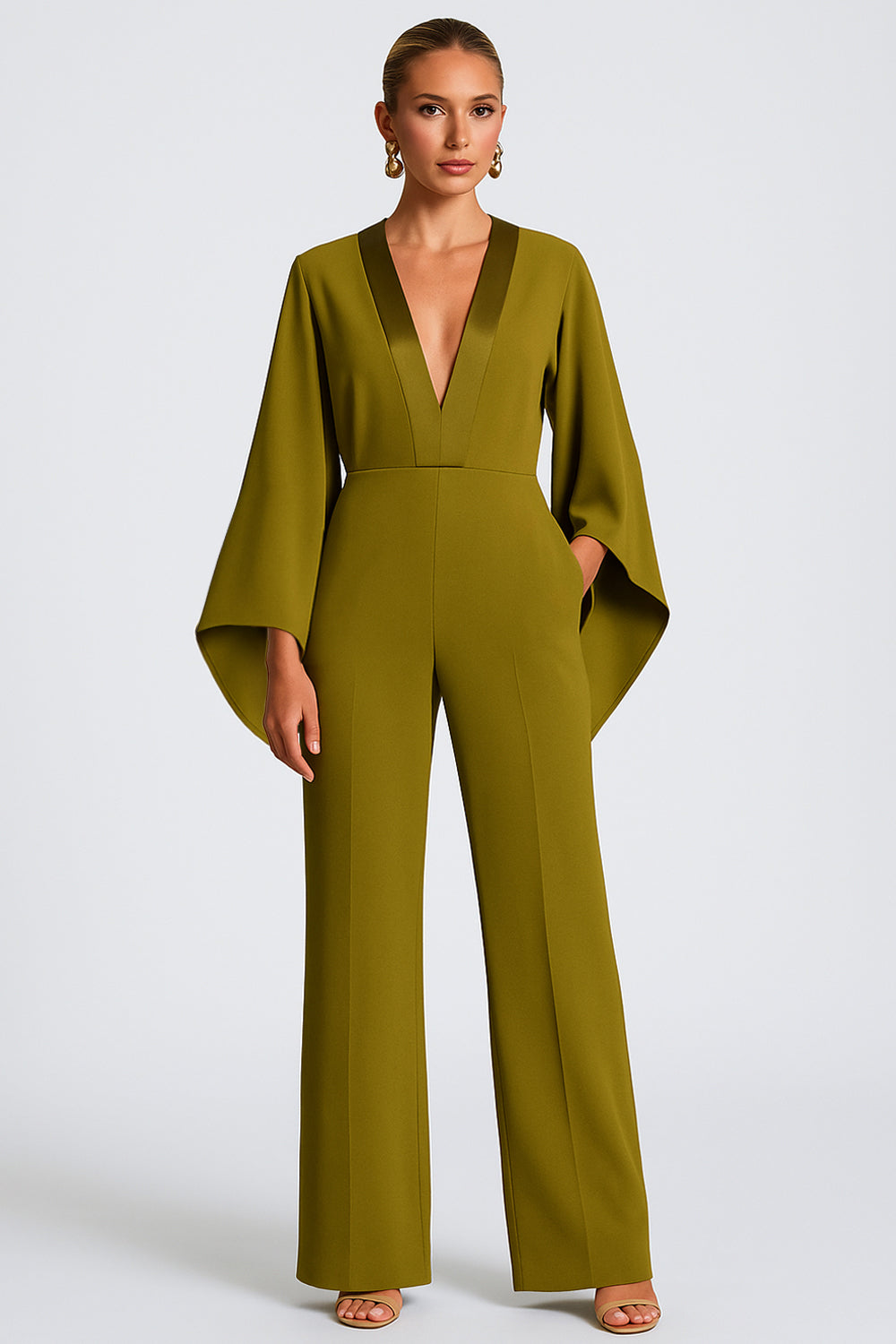 Patchwork V Neck Irregular Sleeve Casual Straight Leg Jumpsuit [Pre Order]