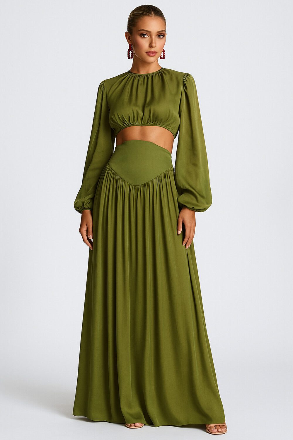 Lantern Sleeve Crop Top High Waist Maxi Skirt Casual 2pcs Set [Pre Order]