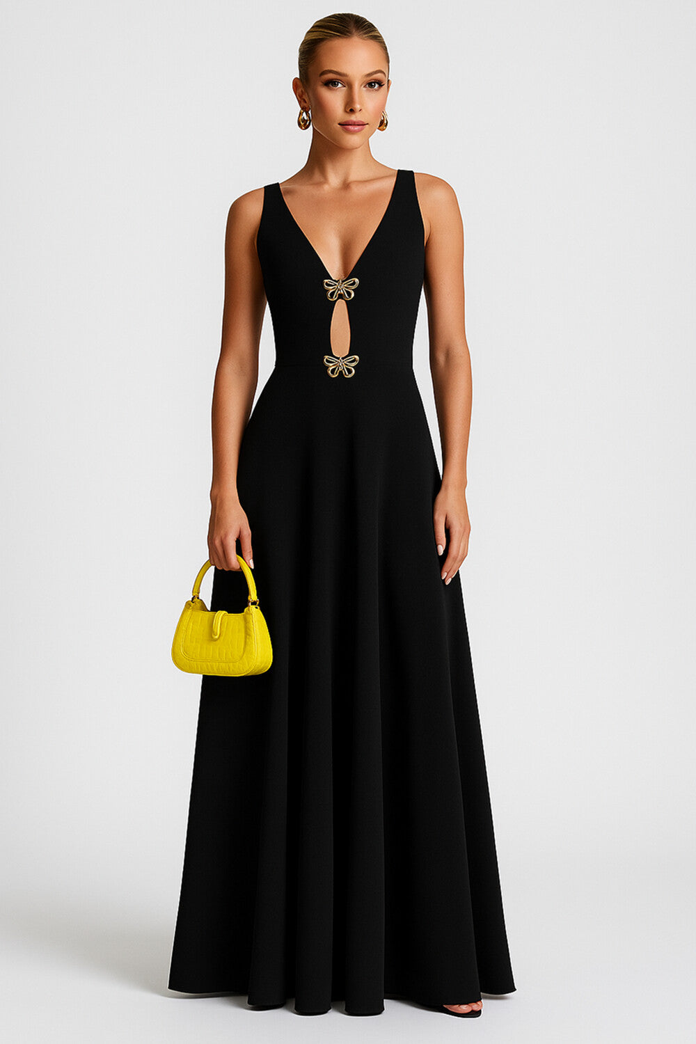 V Neck Cutout Metal Butterfly Decor Wedding Guest Maxi Dresses [Pre Order]
