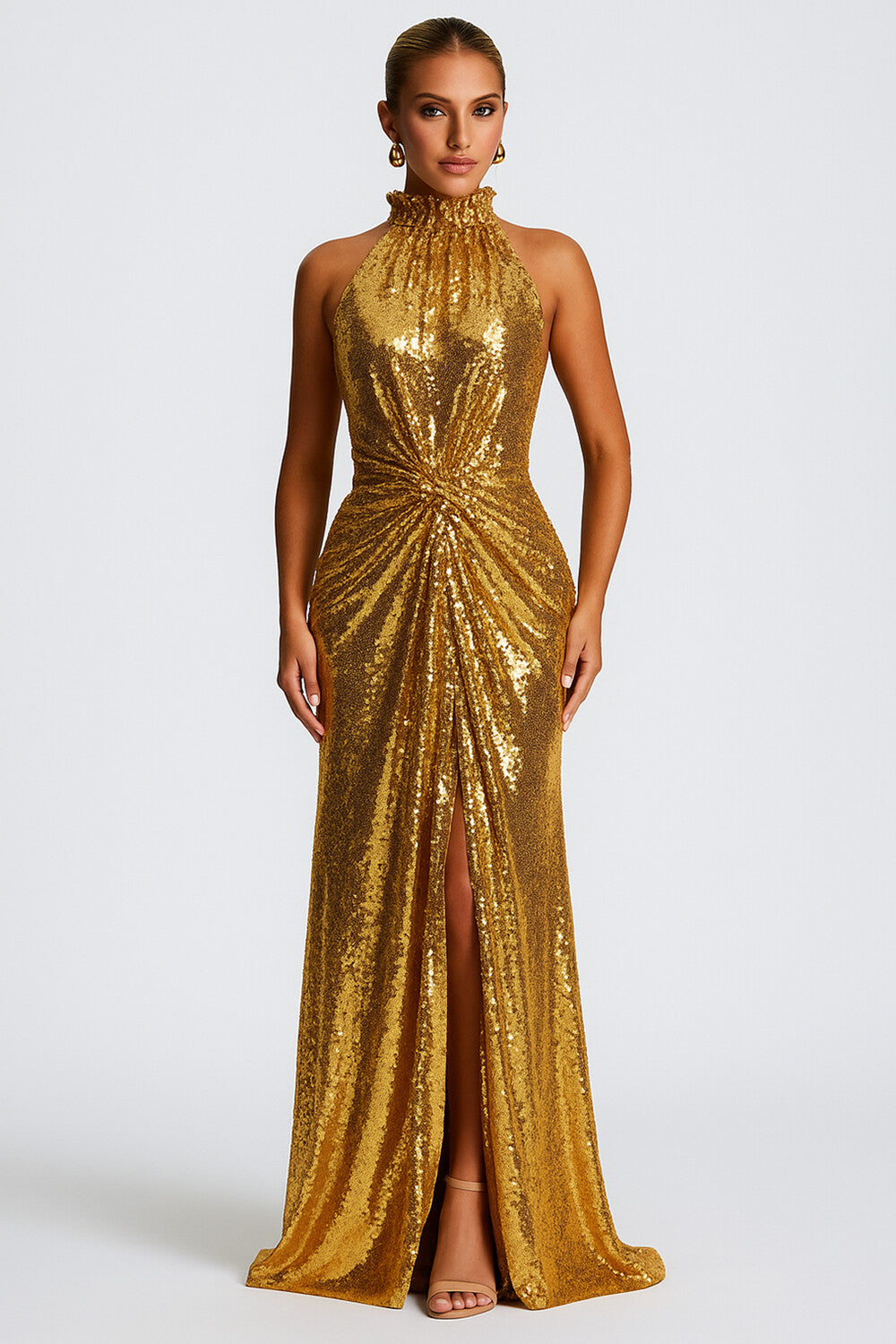 Sequin Decor Mock Neck Ruched Formal High Slit Maxi Dresses [Pre Order]