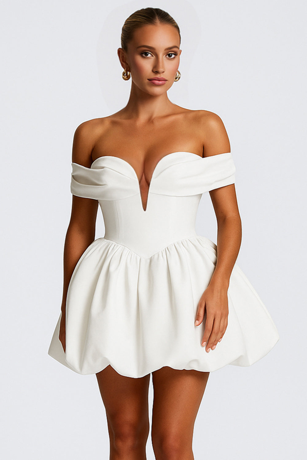 Off Shoulder Deep V Neck Cocktail Party Bubble Hem Mini Dresses [Pre Order]