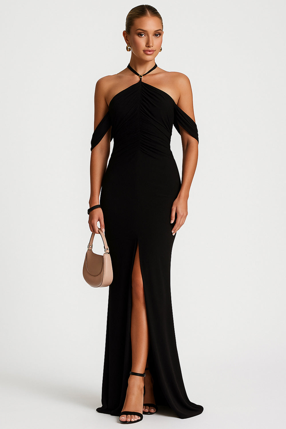 Halter Neck Ruched Wedding Guest Slim Fit High Slit Maxi Dresses [Pre Order]