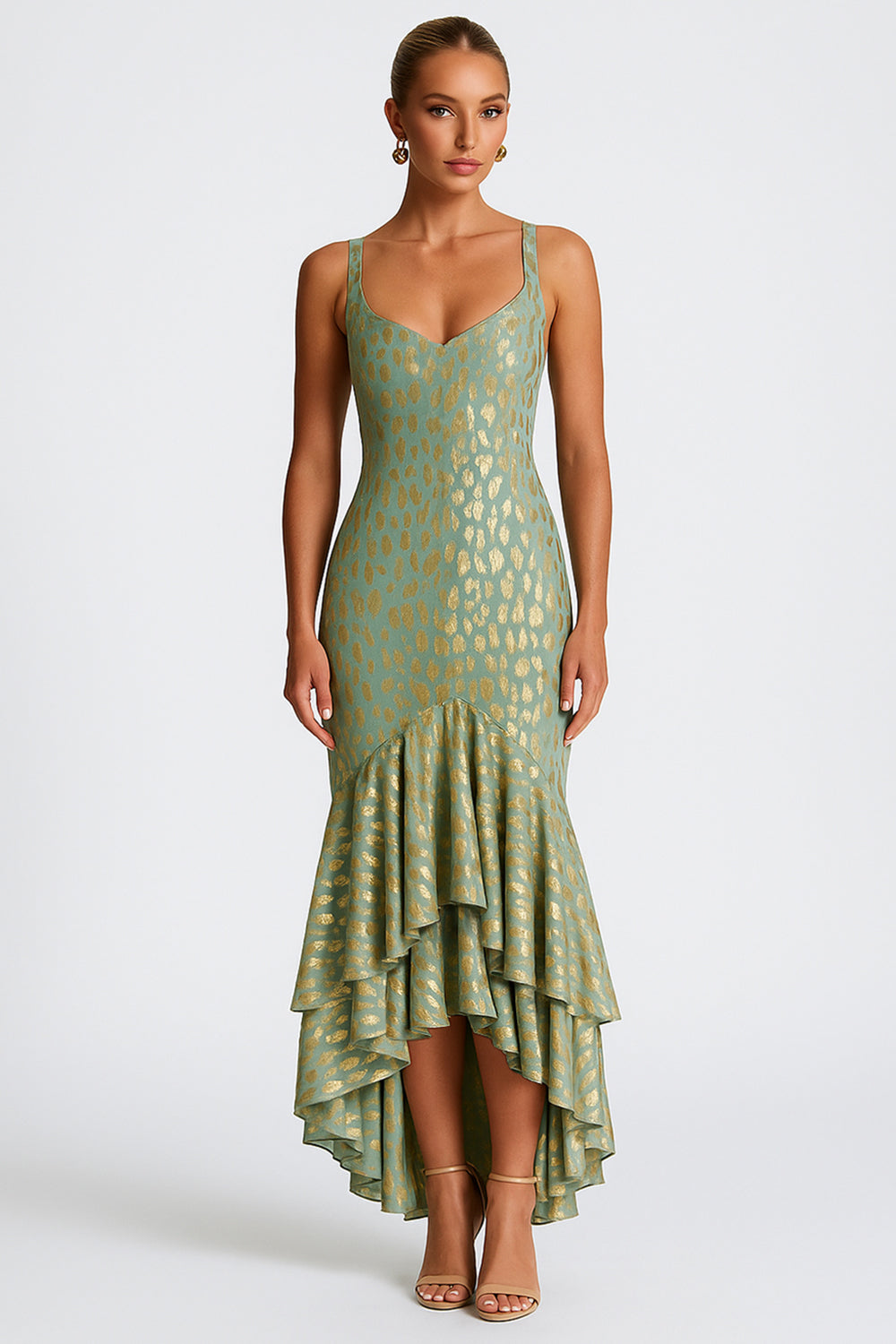 Foil Pattern Wedding Guest Irregular Layered Hem Maxi Dresses [Pre Order]