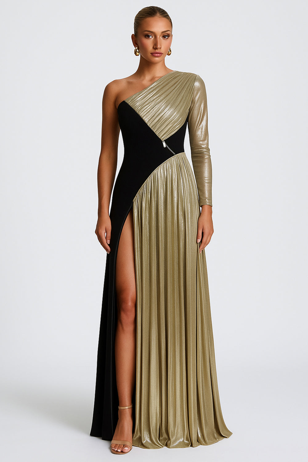 Colorblock Ruched One Shoulder Formal High Slit Maxi Dresses [Pre Order]