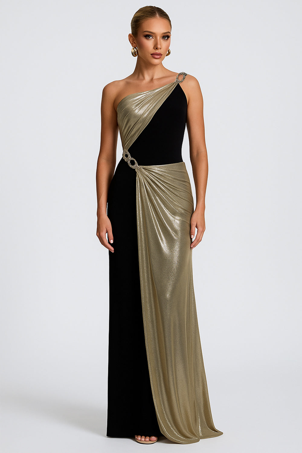 One Shoulder Metal Chain Decor Colorblock Formal Maxi Dresses [Pre Order]