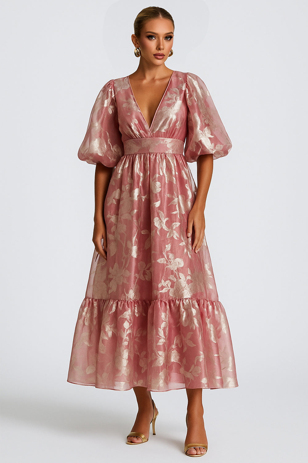Flower Foil Pattern Puff Sleeve Wedding Guest Midi Dresses [Pre Order]
