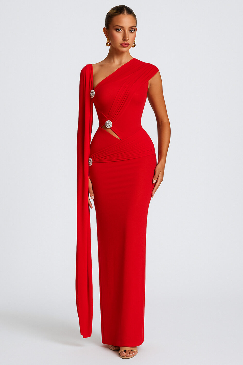 Rhinestone Decor Ruched Cutout Formal Asymmetric Maxi Dresses [Pre Order]