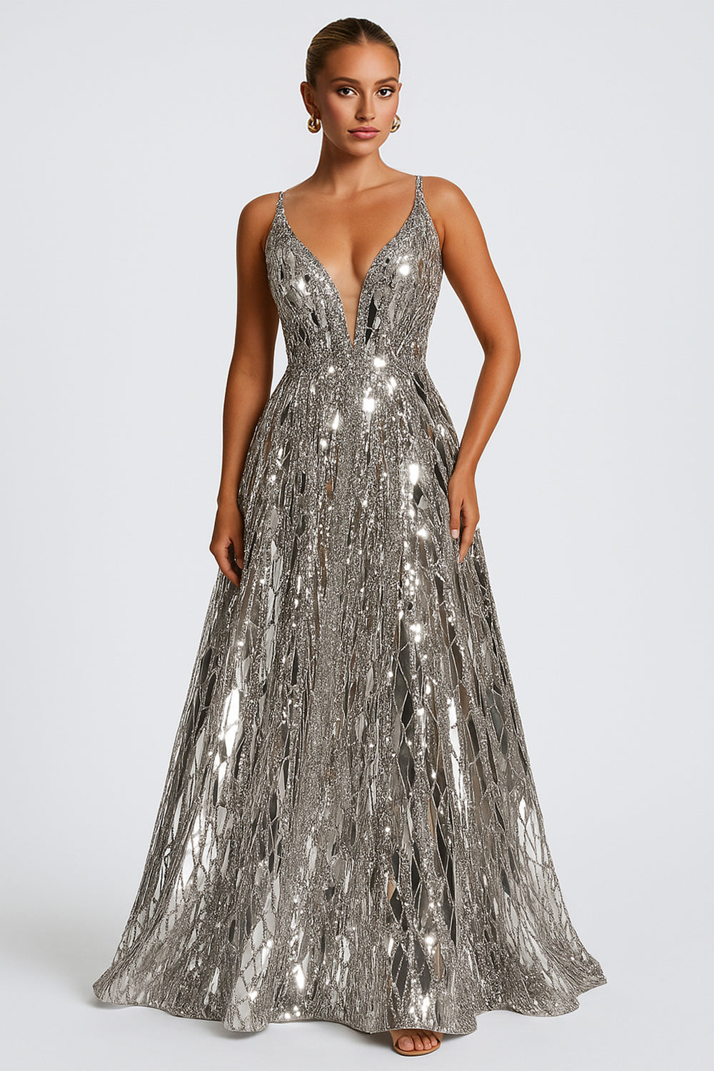 Sequin Decor Deep V Neck Evening Wedding Guest Maxi Dresses [Pre Order]
